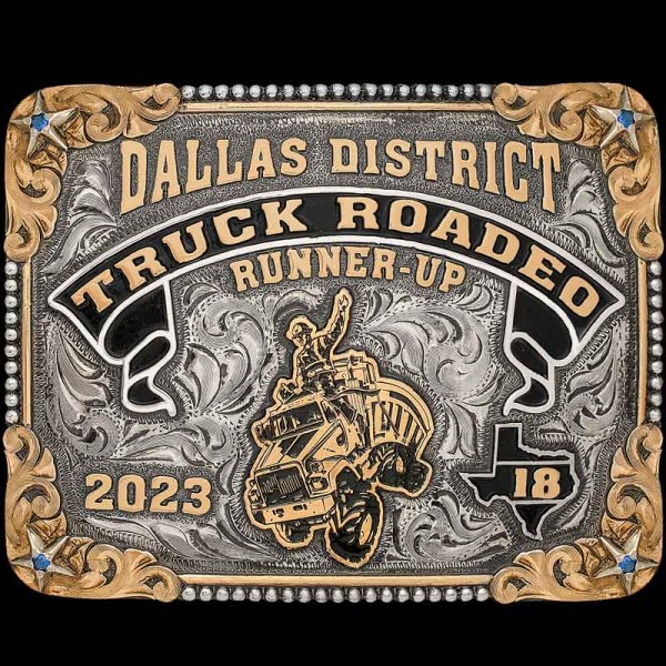 The Trucker Rodeo Belt Buckle is our best selling Stillwater Buckle with a twist! Built on a silver square base with bronze scroll corners and a banner with black enamel. Personalize this buckle design now!